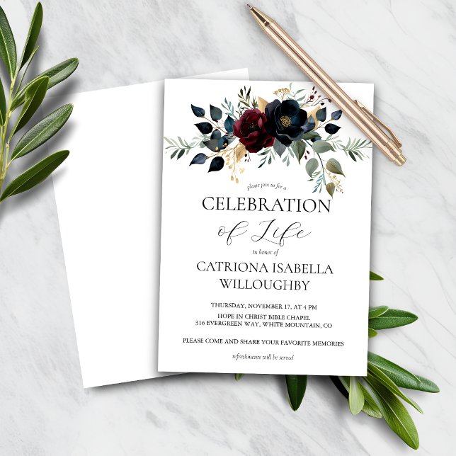 Budget Burgundy Navy Floral Memorial Invitation (Creator Uploaded)