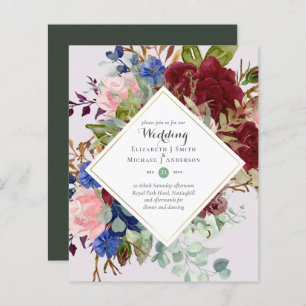 BUDGET Burgundy Navy Floral Wedding Invitations
