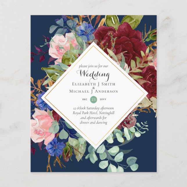 BUDGET Burgundy Navy Floral Wedding Invitations Flyer (Front)