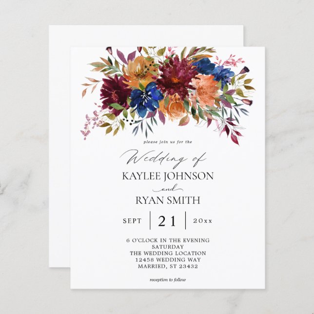 Budget Burgundy, Navy, Orange Fall Floral Wedding (Front/Back)