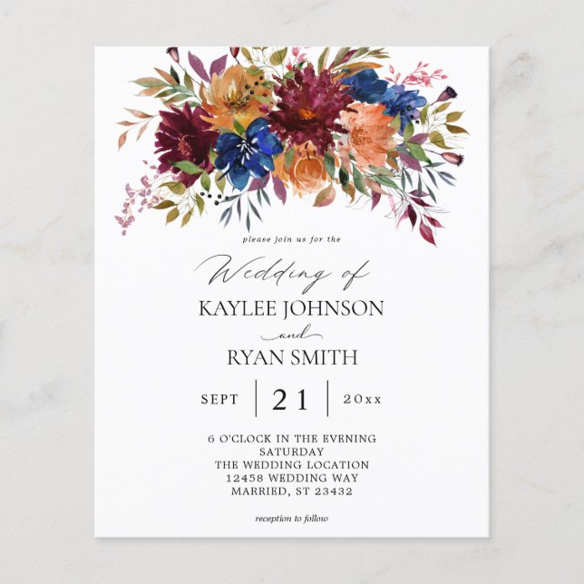 Budget Burgundy & Navy Orange Fall Floral Wedding Flyer (Front)