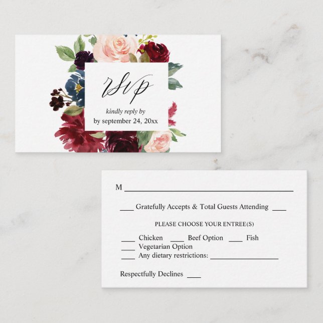 Budget Burgundy, Navy & Pink Floral 2SM Meal RSVP Enclosure Card (Front/Back)