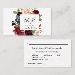 Budget Burgundy, Navy & Pink Floral 2SM Meal RSVP Enclosure Card