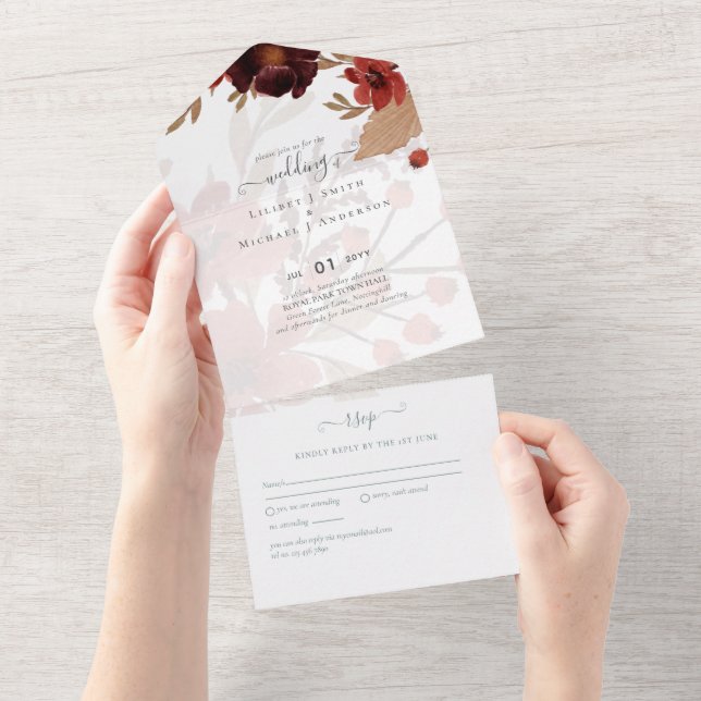 Budget Burgundy Orange Fall Floral Wedding All In One Invitation (Tearaway)