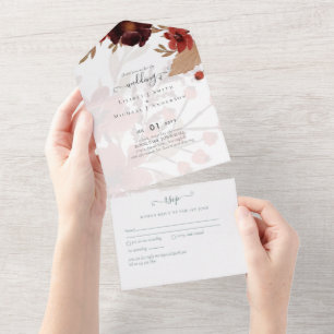 Budget Burgundy Orange Fall Floral Wedding All In One Invitation