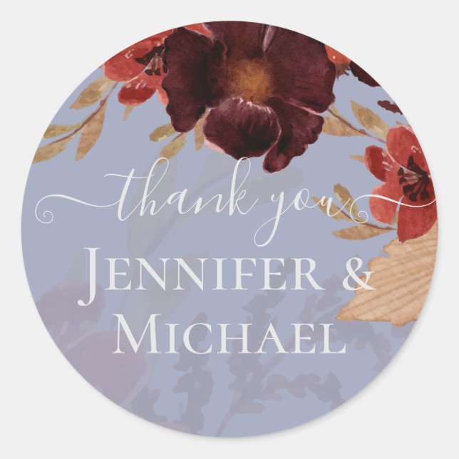 Budget Burgundy Orange Fall Floral Wedding Classic Round Sticker (Front)