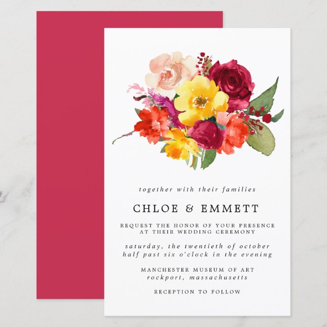 Budget Burgundy Orange Yellow Pink Wedding Invite (Front/Back)