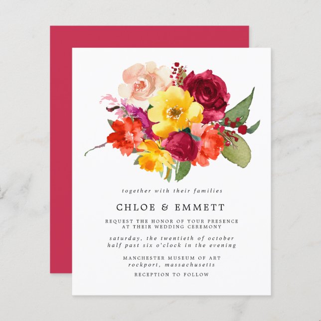 Budget Burgundy Orange Yellow Pink Wedding Invite (Front/Back)