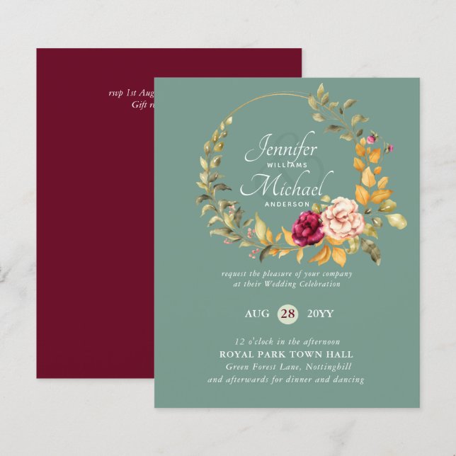 BUDGET Burgundy Peach Floral Wedding Invitations (Front/Back)
