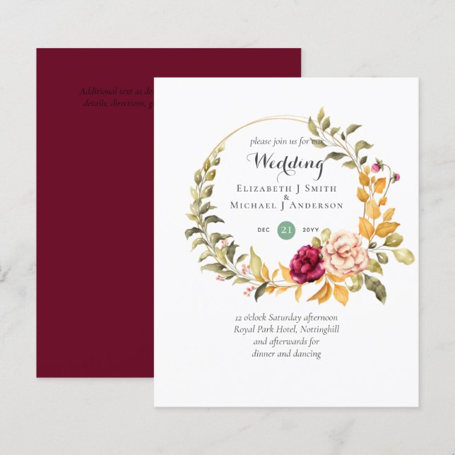 BUDGET Burgundy Peach Floral Wedding Invitations (Front/Back)