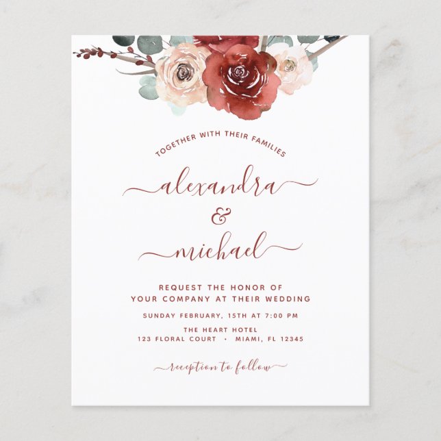 Budget Burgundy Photo Wedding Fall Floral Flyer (Front)