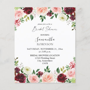 Budget Burgundy & Pink 4 Floral Bridal Shower 2 Flyer