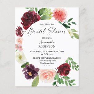 Budget Burgundy & Pink 4 Floral Bridal Shower Flyer