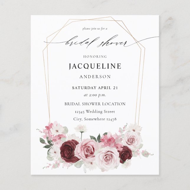 Budget Burgundy & Pink Ele Floral Bridal Shower 2 Flyer (Front)