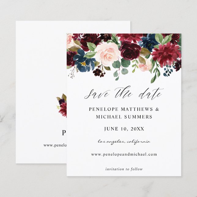 Budget Burgundy & Pink Floral Save the Date (Front/Back)