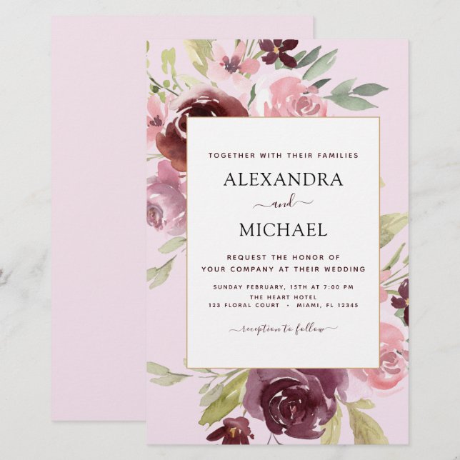 Budget Burgundy Pink Floral Wedding Invitation (Front/Back)