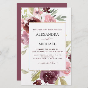 Budget Burgundy Pink Floral Wedding Invitation