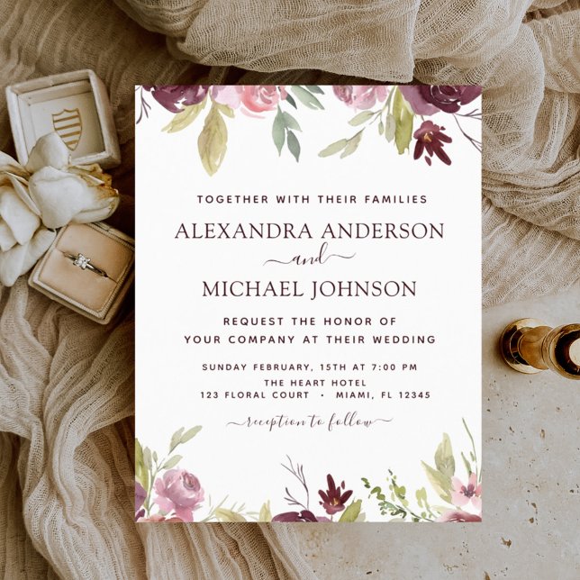 Budget Burgundy Pink Floral Wedding Invitation (Creator Uploaded)