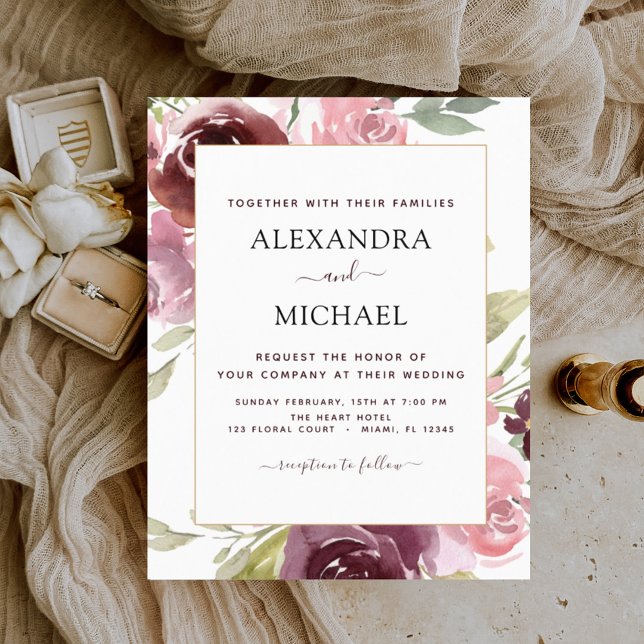 Budget Burgundy Pink Floral Wedding Invitation (Creator Uploaded)