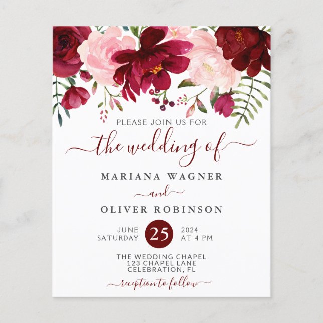 Budget Burgundy Pink Floral Wedding Invitation Flyer (Front)