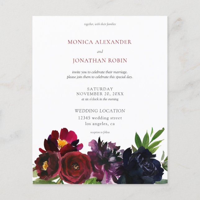 Budget Burgundy Plum Navy Floral Wedding Flyer (Front)