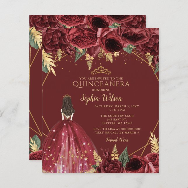 Budget Burgundy Princess Quinceañera Invitation (Front/Back)
