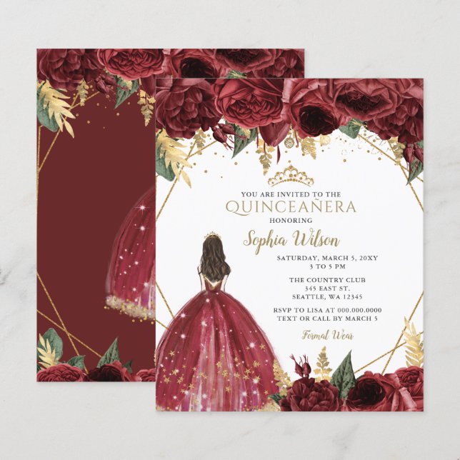 Budget Burgundy Princess Quinceañera Invitation (Front/Back)