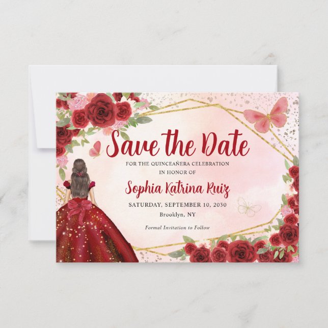 Budget Burgundy Princess Quinceañera Save the Date Card (Front)