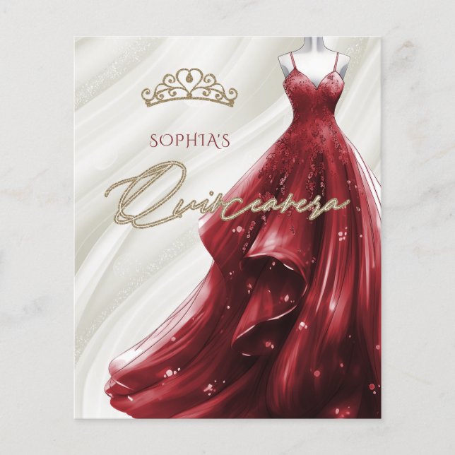 Budget Burgundy Red Dress Quinceañera Invitation (Front)