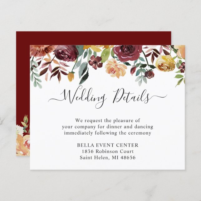 Budget Burgundy Red Floral Wedding Details Card (Front/Back)