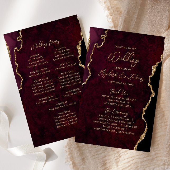 Budget Burgundy Red Gold Agate Wedding Program (Creator Uploaded)