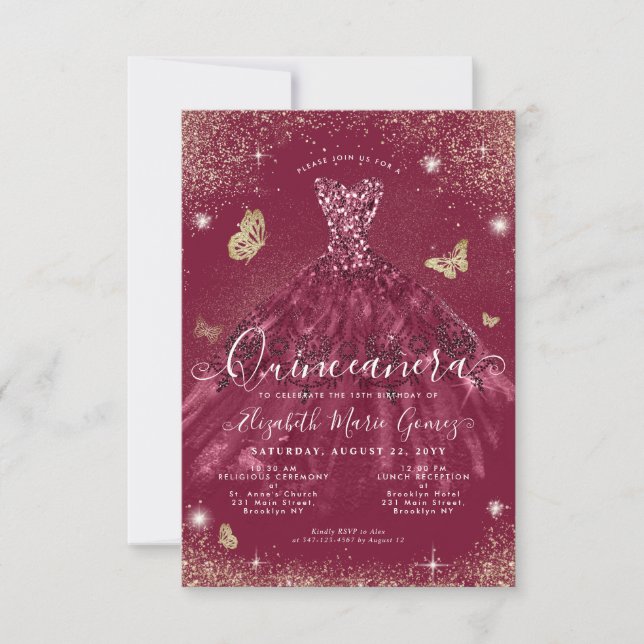 Budget Burgundy Red Gold Glitter Gown Quinceanera Card (Front)