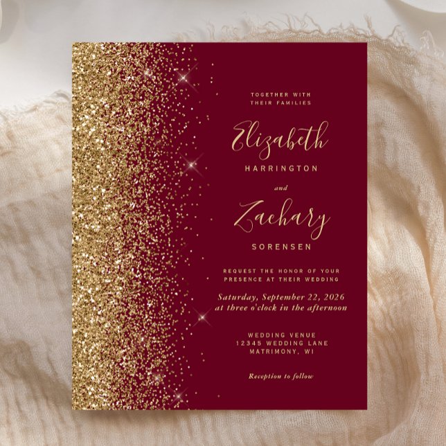 Budget Burgundy Red Gold Glitter Wedding Invite (Creator Uploaded)