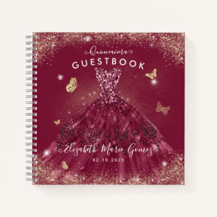 Budget Burgundy Red Gold Quinceanera Guestbook Notebook