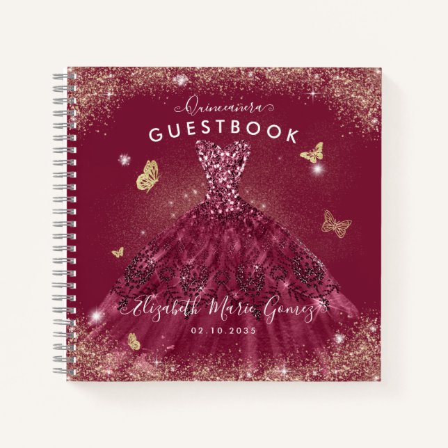 Budget Burgundy Red Gold Quinceanera Guestbook  Notebook (Front)