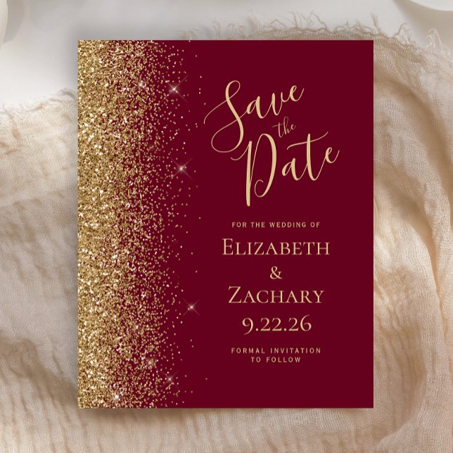 Budget Burgundy Red Gold Save the Date Card (Creator Uploaded)