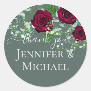 BUDGET Burgundy Red Roses Gypsophila WEDDING Classic Round Sticker