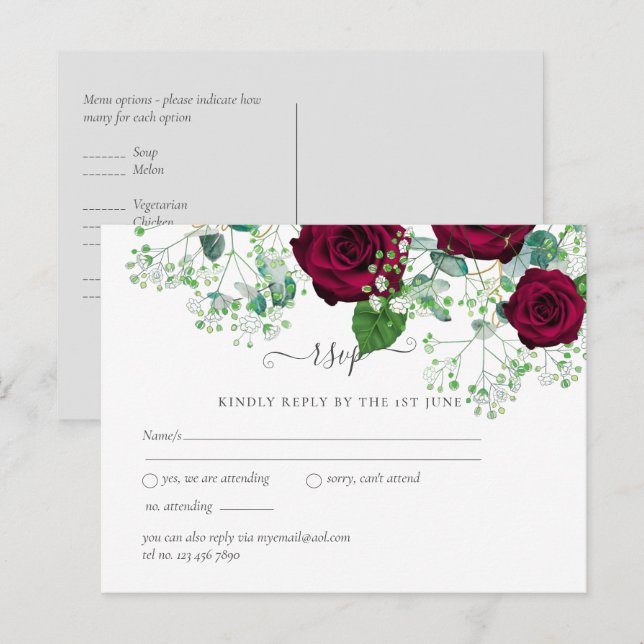 BUDGET Burgundy Red Roses Gypsophila WEDDING Postcard (Front/Back)