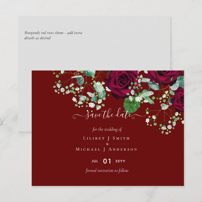 BUDGET Burgundy Red Roses Gypsophila WEDDING Postcard (Front/Back)