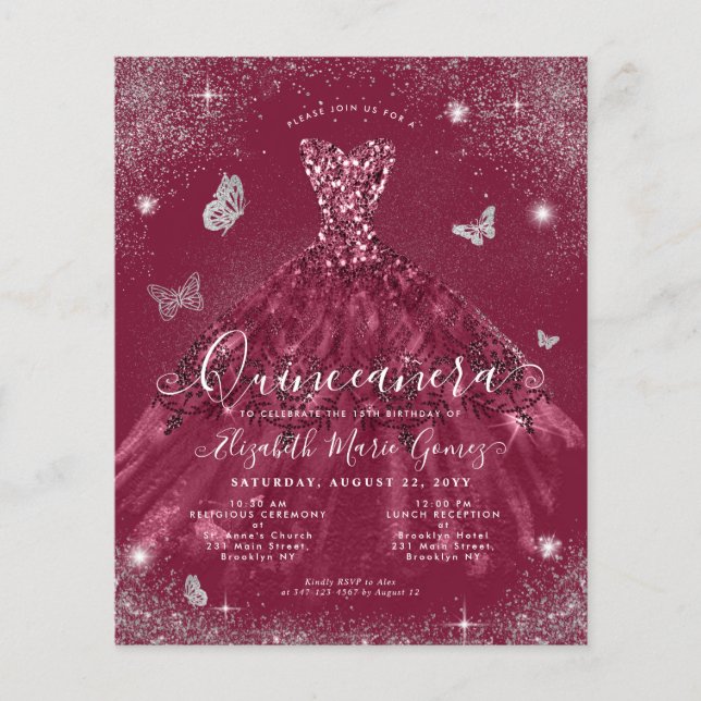 Budget Burgundy Red Silver Gown Quinceanera Invite (Front)