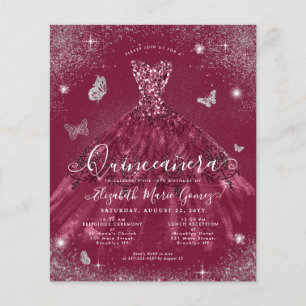 Budget Burgundy Red Silver Gown Quinceanera Invite