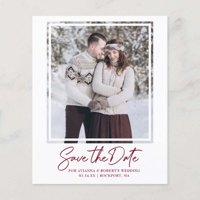 Budget Burgundy Red Text Photo Save the Date (Front)
