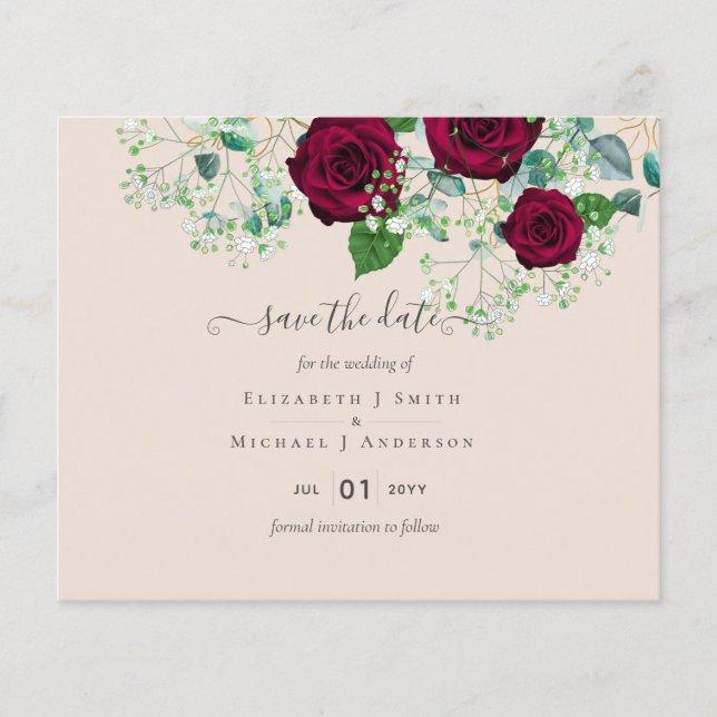 BUDGET  Burgundy Rose Eucalyptus Wedding Flyer (Front)
