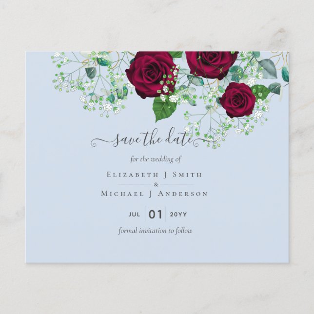 BUDGET  Burgundy Rose Eucalyptus Wedding Flyer (Front)
