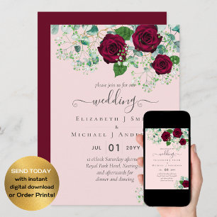 BUDGET Burgundy Rose Eucalyptus Wedding Invitation