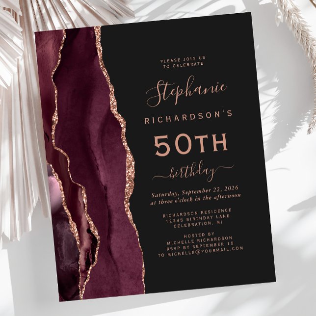 Budget Burgundy Rose Gold Agate Dark 50th Birthday (Creator Uploaded)