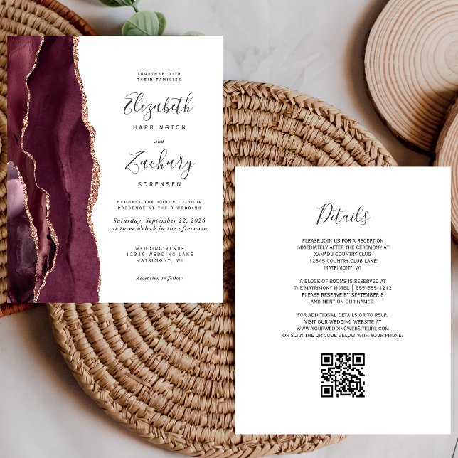 Budget Burgundy Rose Gold Agate Wedding Invite (Creator Uploaded)