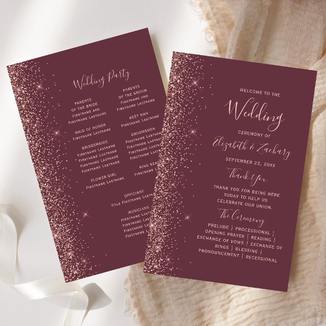 Budget Burgundy Rose Gold Glitter Wedding Program (Creator Uploaded)