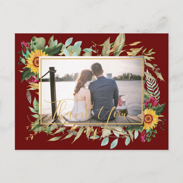 Budget Burgundy Roses Sunflowers Thank You PHOTO  Postcard (Front)