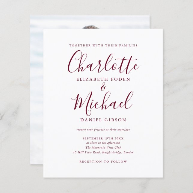 Budget Burgundy Script Photo Wedding Invitation (Front/Back)